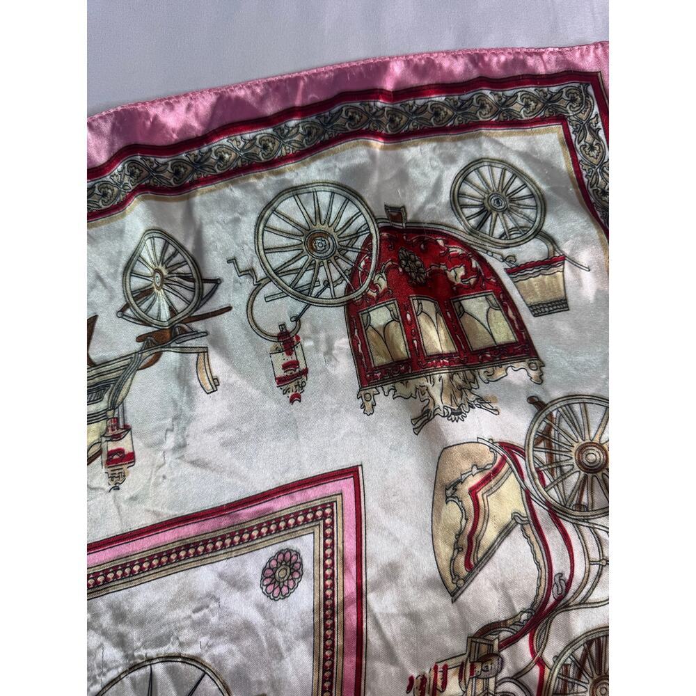 Vintage 35" Square Scarf Horse Carriage Equestrian Print Silky Pink Ivory - Picture 8 of 10